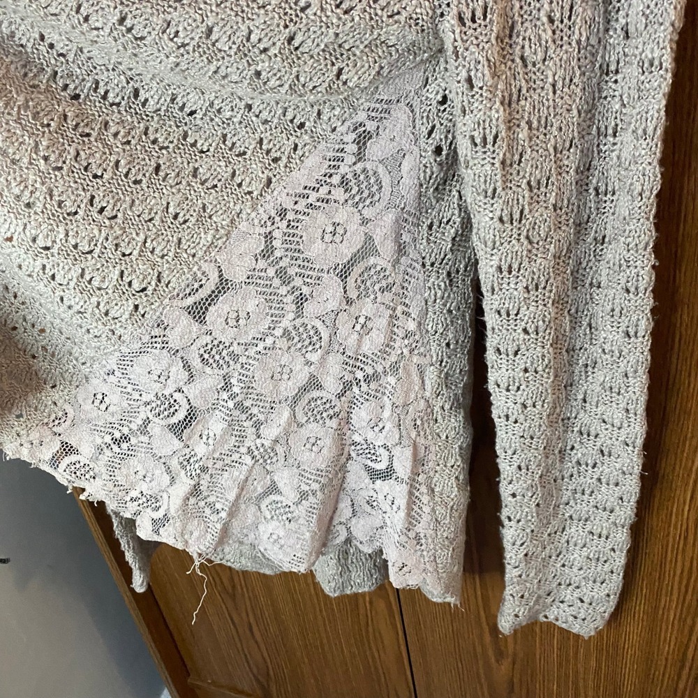 Maurices Cardigan Women Medium Beige Pointelle Knit Lace Side Panels Open Front - Picture 4 of 5